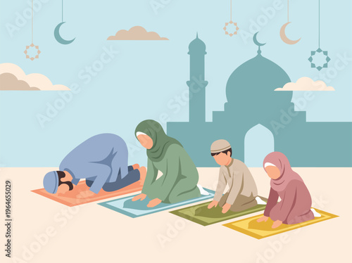 Muslim Family Praying Together in Front of a Mosque.