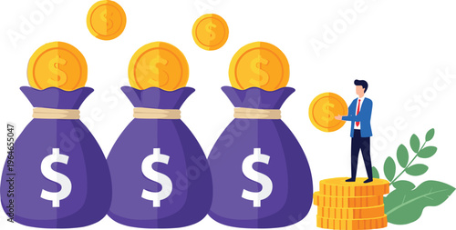 Businessman with money bags and gold coins financial success investment profit savings concept vector illustration