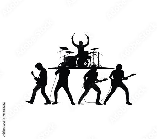 Rock band performing on stage dynamic poses in black silhouette