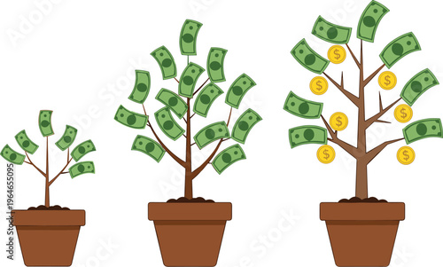 Money tree growth stages with dollar bills and coins financial investment success savings concept vector illustration set