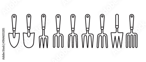 A collection of nine simple black and white line art icons depicting various garden hand tools.