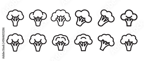 A collection of twelve minimal broccoli icons arranged in two rows on a clean white background.