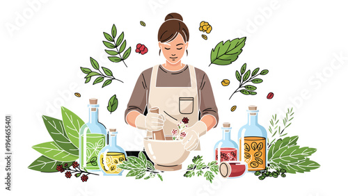 Herbal Alchemy: A skilled artisan, surrounded by the bounty of nature, diligently crafts herbal remedies in a moment of focused creation, mixing and blending botanicals with precision and care.