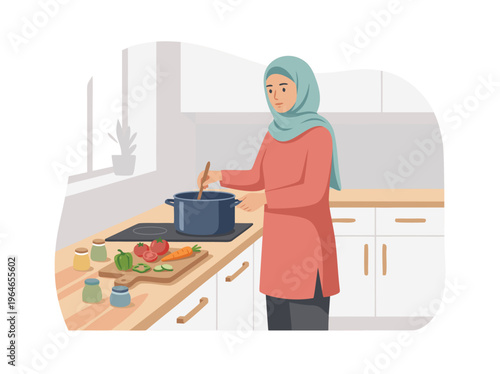 Muslim Woman Cooking Delicious Food in Modern Kitchen.