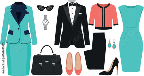 Women fashion outfit set elegant office wear collection with accessories shoes bag dress suit modern stylish clothing illustration