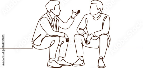 Two men sitting on bench conversing in minimalist black and white line