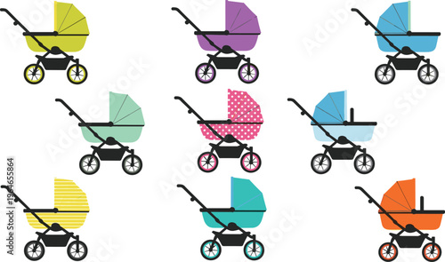 Baby Stroller Vector Set with Colorful Pram Designs, Different Styles and Modern Wheels for Parenting, Newborn Care, Nursery and Child Transport Illustration