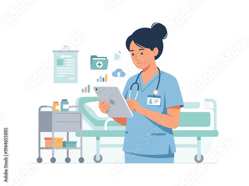 Nurse using tablet in hospital room with patient bed.