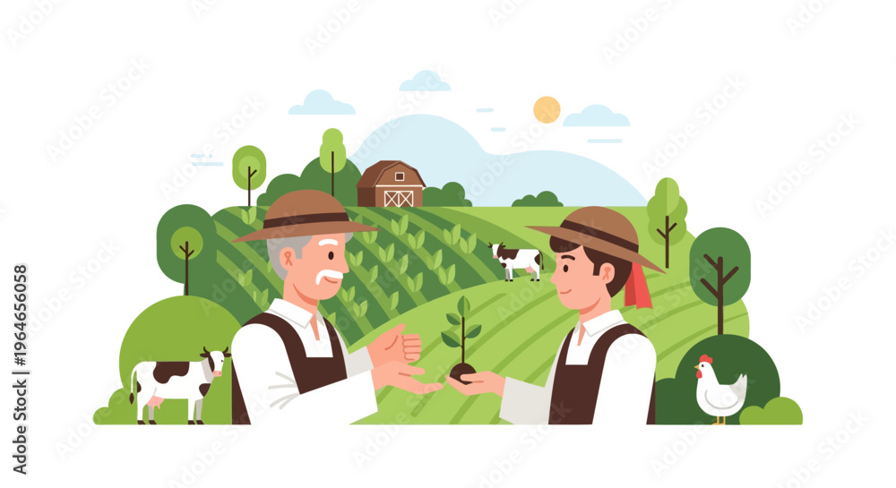 Fototapeta premium Generational Farmers Cultivating Future: Elder and Young Man Passing Seedling in Lush Farm Landscape. Sustainable Agriculture & Growth Concept