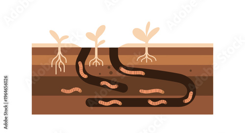 Earthworms in Soil Layers with Plant Roots Illustrating Soil Health and Ecosystem Benefits