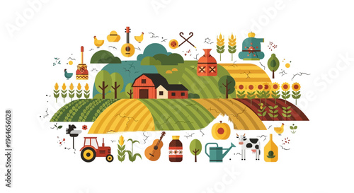 Modern Flat Design Farm Illustration: Rural Life, Agriculture, Harvest Crops & Countryside Elements