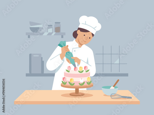 Pastry chef decorating a festive Easter cake with piping bag.