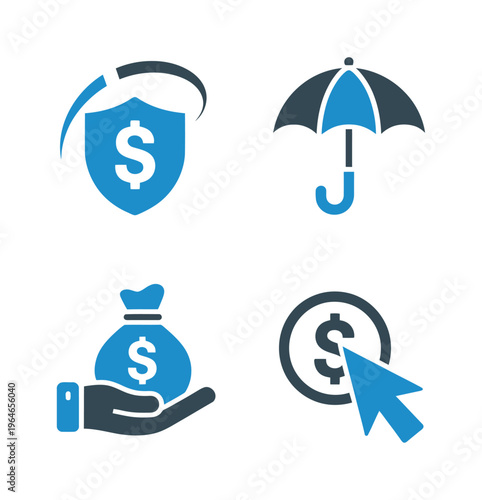 Vector of financial security symbols including a shield umbrella and money