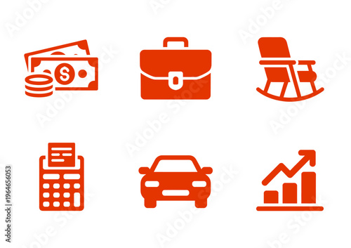 Vector of money, briefcase, rocking chair, calculator, car, and financial growth chart