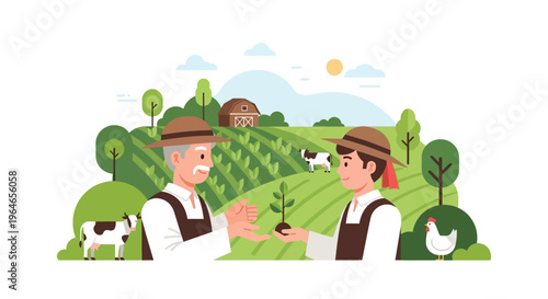 Generational Farmers Cultivating Future: Elder and Young Man Passing Seedling in Lush Farm Landscape. Sustainable Agriculture & Growth Concept