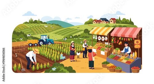 Sustainable Farm to Table: Farmers at Work and Selling Fresh Produce at a Vibrant Local Market Illustration
