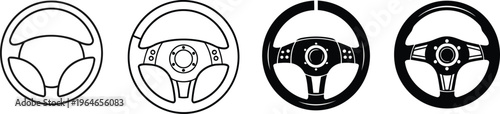 A collection of four distinct black and white line art illustrations of automotive steering wheels Vector