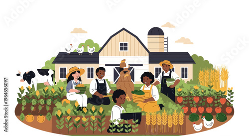 Diverse Community Farming & Harvesting Fresh Produce at a Rural Farm with Barn, Animals, and Fields of Crops - Sustainable Agriculture