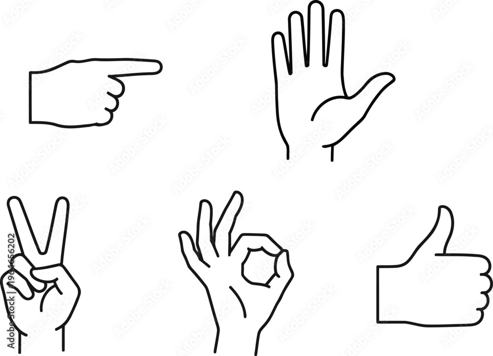 Fototapeta premium A collection of five different hand gestures depicted in a simple black and white line art style. Vector