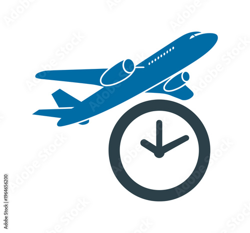 Blue vector of an airplane flying over a large clock
