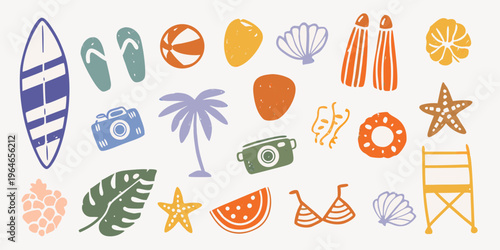 Colorful summer icons and beach items in a flat style silhouette
