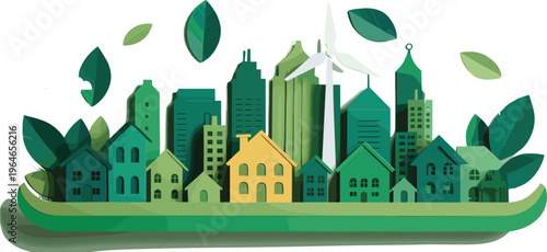 Eco, city, green, sustainable, urban, buildings, houses, environment, renewable, energy, wind, nature, architecture, skyline, future, clean, illustration, design, community, landscape