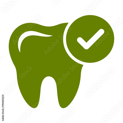 Green vector of a tooth with a check mark indicating dental hygiene or dental care