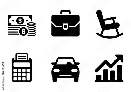 Vector icons representing money, a briefcase, a rocking chair, a calculator, a car, and a graph.