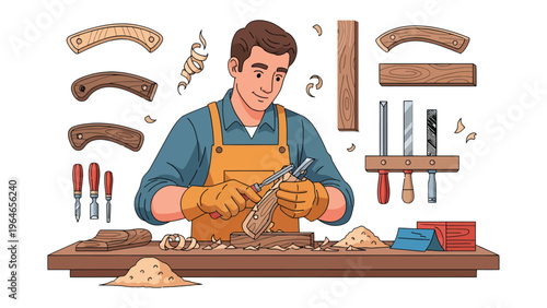 Craftsman at Work: A skilled craftsman, surrounded by the tools of his trade, is meticulously carving a piece of wood, bringing to life a testament to artistry and traditional craftsmanship. 