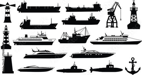 Silhouette of various boats and ships isolated on transparent background