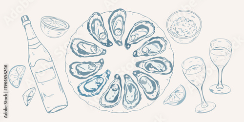 A delicate arrangement of oysters champagne and citrus a sketch silhouette