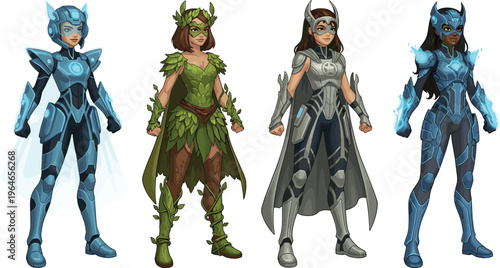 Female Superheroes in Futuristic, Nature, and Elemental Armor, Featuring Powerful Costumes in Action Poses