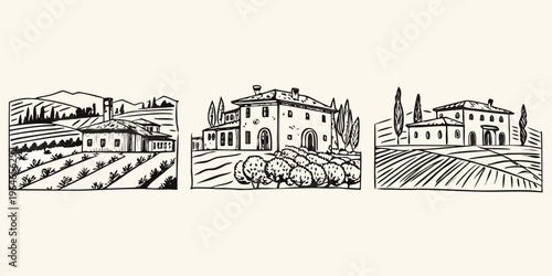 Tuscan countryside landscape with buildings and foliage sketch silhouette
