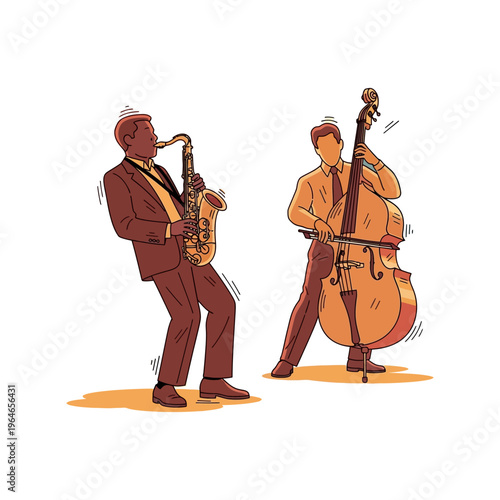 Two male musicians playing saxophone and double bass, performing jazz music in an illustrated style.