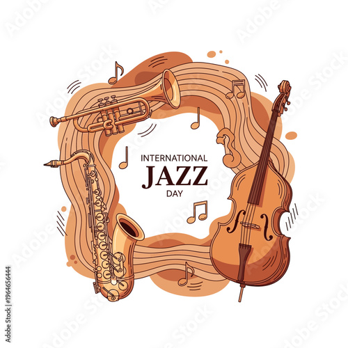Illustration celebrating International Jazz Day with saxophone, trumpet, and double bass surrounded by musical notes in a warm, artistic style.