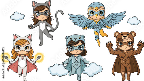 Cute Superhero Kids in Animal Costumes, Featuring Cat, Owl, Bear, and Other Animal-Themed Heroes in Action Poses