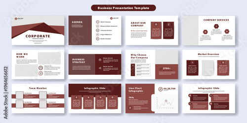 Professional Business Presentation Template with Maroon Geometric Accents and Elegant Layouts
