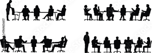 Collection of four distinct silhouette scenes depicting business professionals in collaborative meeting settings around conference tables