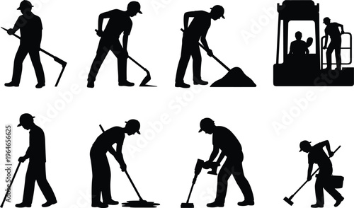 Construction workers performing various manual labor tasks with tools and heavy machinery silhouettes