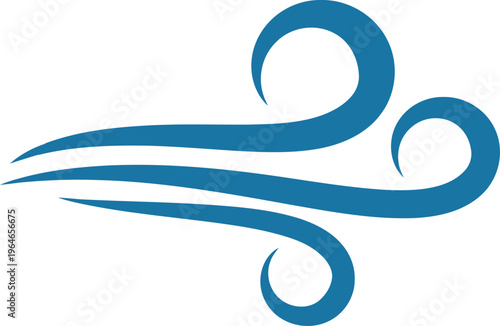 A minimalist blue icon representing a gust of wind blowing in a gentle and fluid motion style. Vector