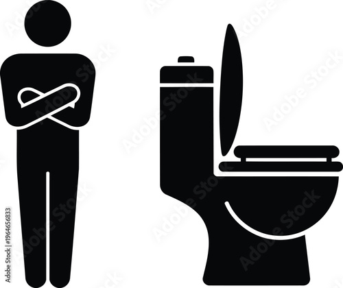 A minimalist black and white icon depicting a person standing next to a modern flushable toilet Vector