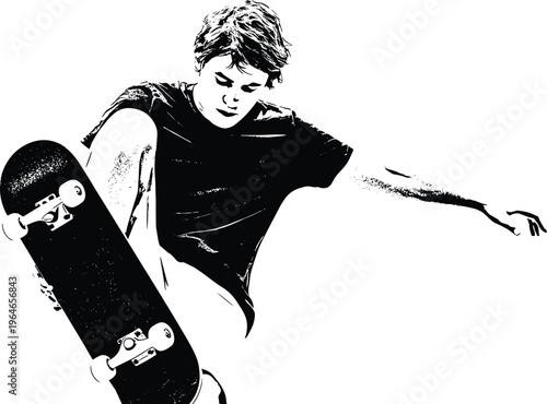 Dynamic black and white stencil-style of a young skateboarder mid-trick with a skateboard in motion