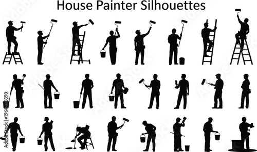 Extensive collection of house painter silhouettes performing various painting tasks on ladders and floors