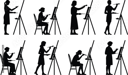 Group of artist silhouettes painting on easels in various poses and seated positions painter