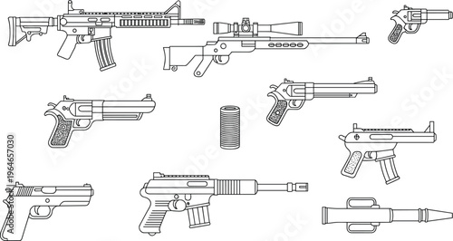 Line collection of various firearms including rifles pistols and a grenade launcher for defense and security concepts
