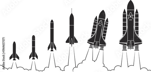 Progression of rocket launches from small to large space shuttles depicted in silhouette against a white background