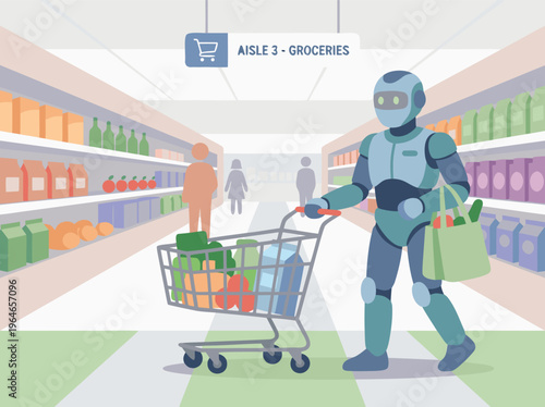 Robot Shopping in a Grocery Store Aisle.