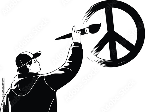 Silhouette of a person wearing a baseball cap and hoodie painting a peace symbol with a paintbrush on a white background representing and activism