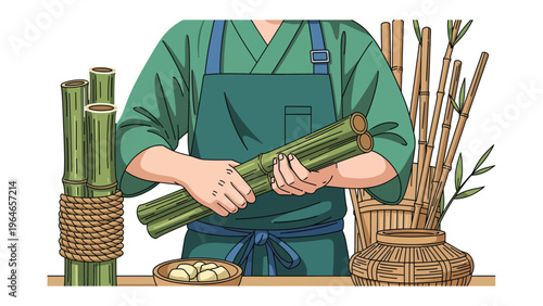 Crafting Bamboo: An artisan, garbed in a traditional work outfit, meticulously handles bamboo stalks, showcasing the age-old art of bamboo craftmanship. A tribute to skillful hands.