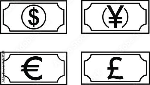 A black and white graphical illustration of four rectangular banknotes with global currency signs. Vector